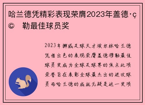 哈兰德凭精彩表现荣膺2023年盖德·穆勒最佳球员奖